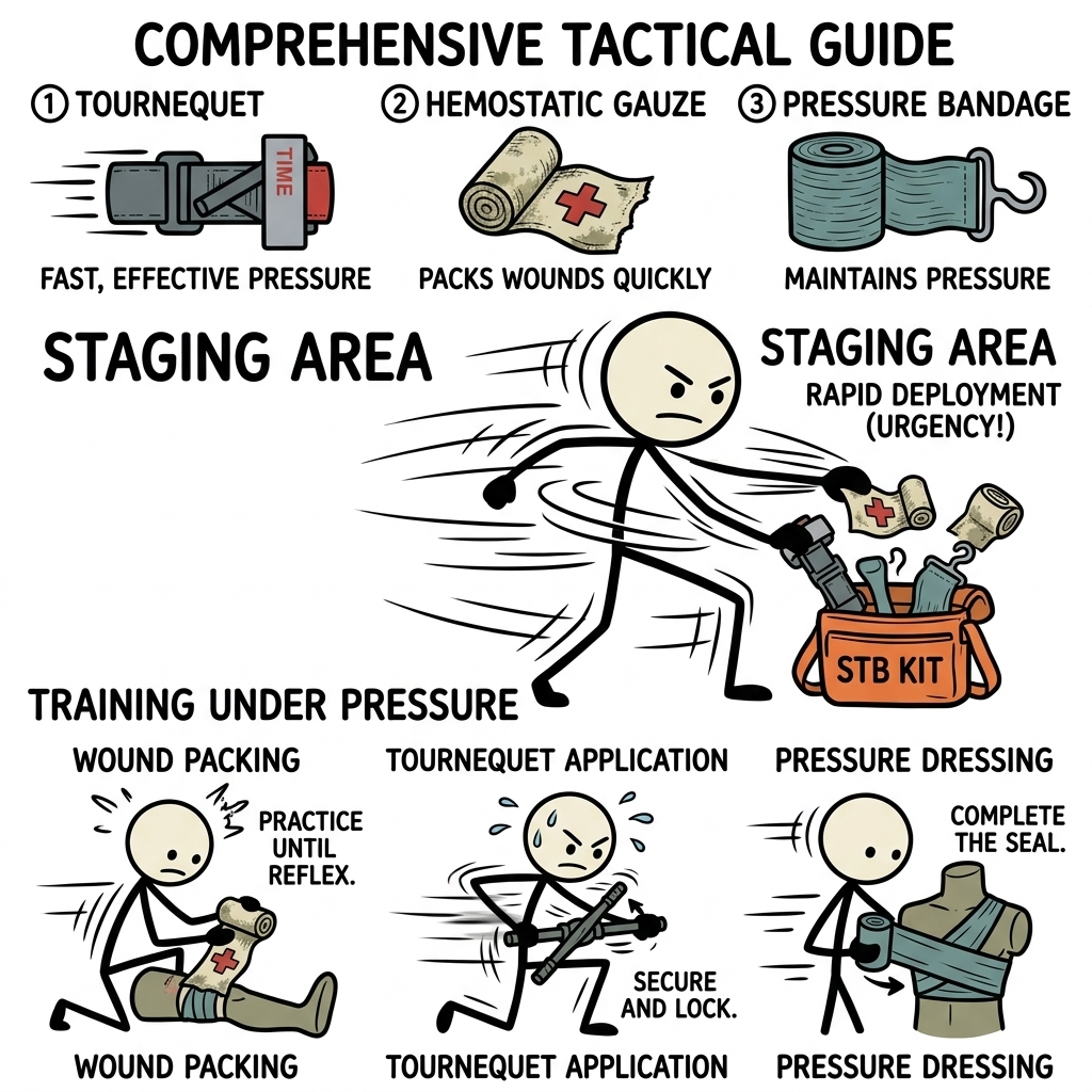 SC-style illustration for A comprehensive tactical guide detailing the critical medical components required for an effective Stop the Bleed kit and the realistic training methods needed to master life-saving hemorrhage control under pressure.