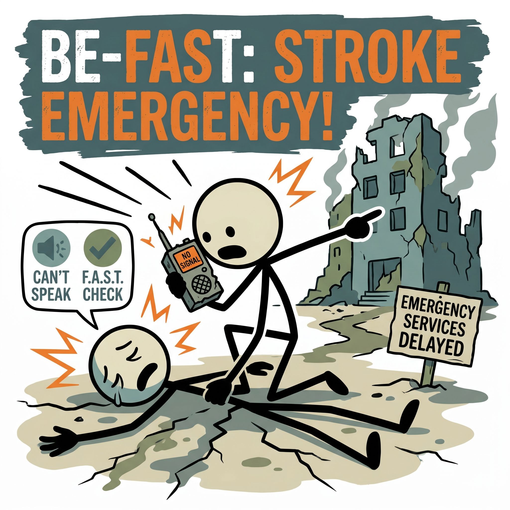 SC-style illustration for This guide provides actionable instructions on identifying stroke symptoms using the BE-FAST protocol and managing patient care when emergency medical services are delayed or unavailable during a crisis.