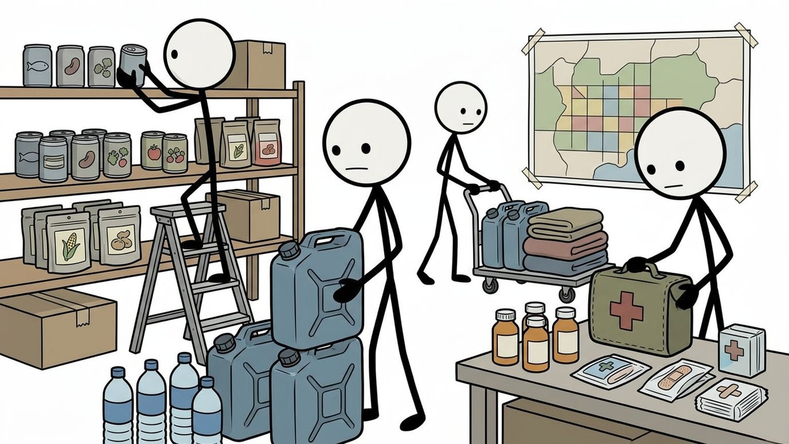 Organized emergency supplies and water storage