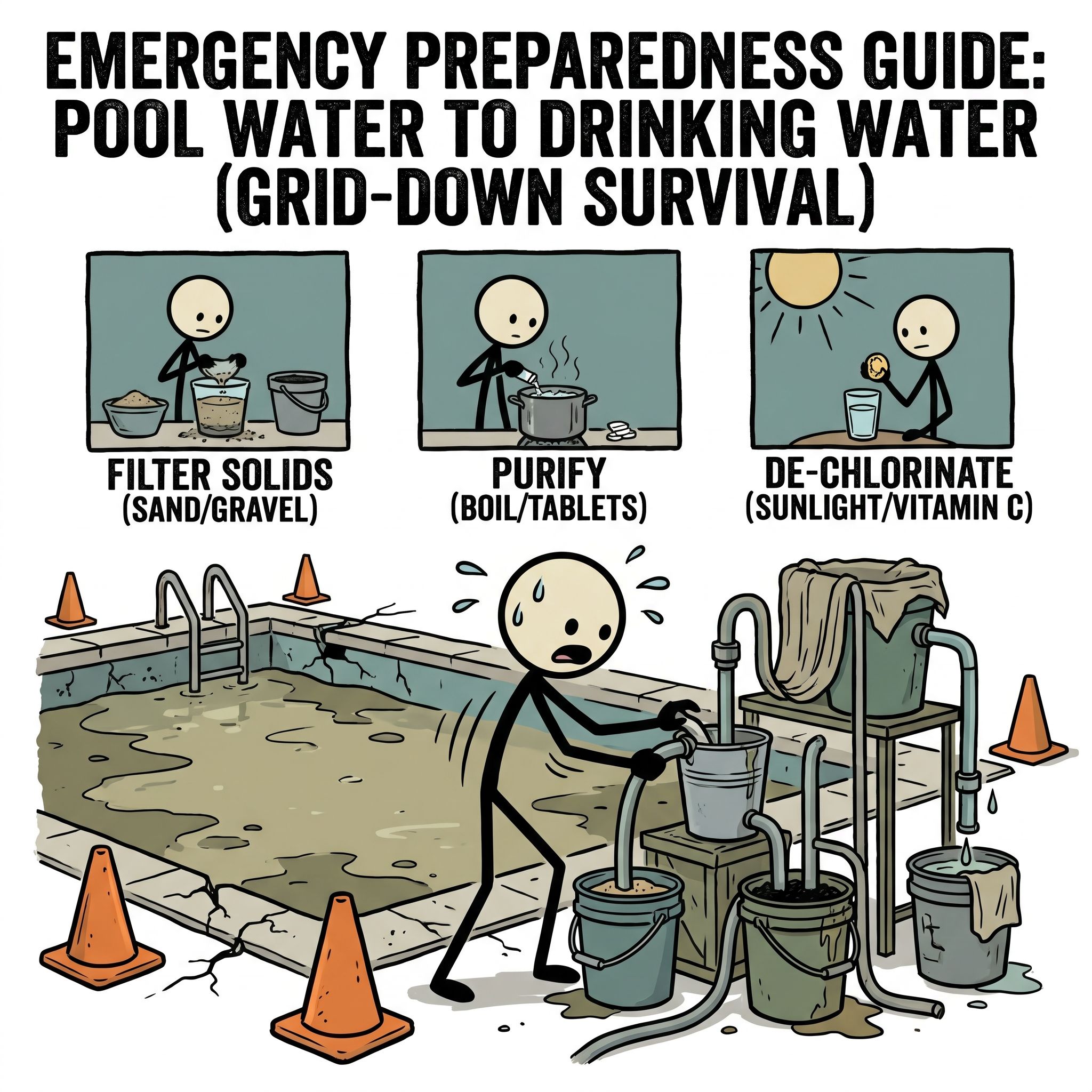 SC-style illustration for A comprehensive emergency preparedness guide on how to safely filter, purify, and de-chlorinate swimming pool water to make it safe for human consumption during a grid-down survival scenario.