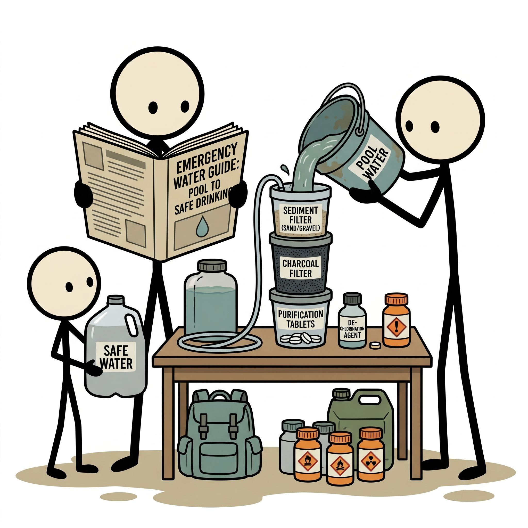 SC-style illustration for A comprehensive emergency preparedness guide on how to safely filter, purify, and de-chlorinate swimming pool water to make it safe for human consumption during a grid-down survival scenario.