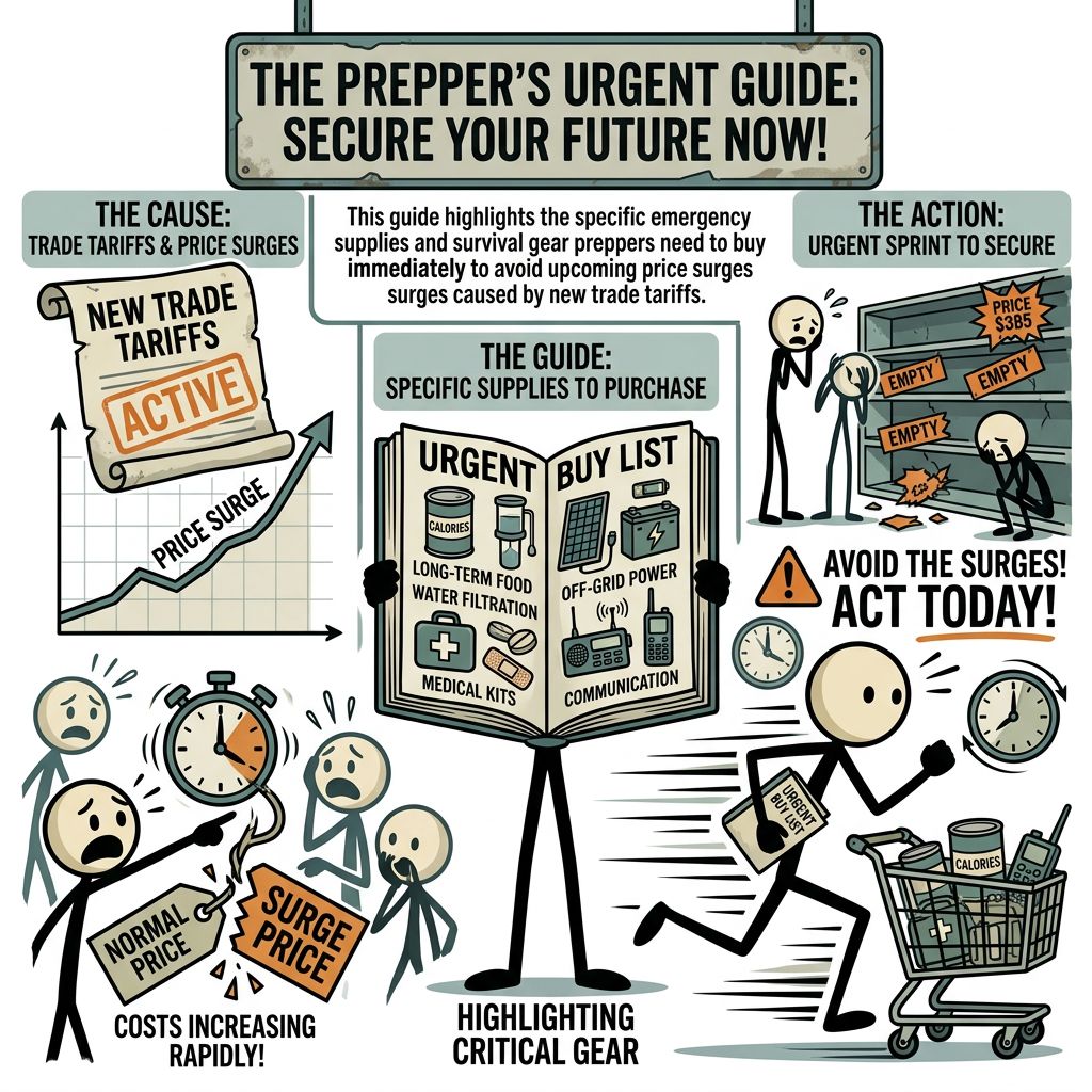 SC-style illustration for This guide highlights the specific emergency supplies and survival gear preppers need to buy immediately to avoid upcoming price surges caused by new trade tariffs.