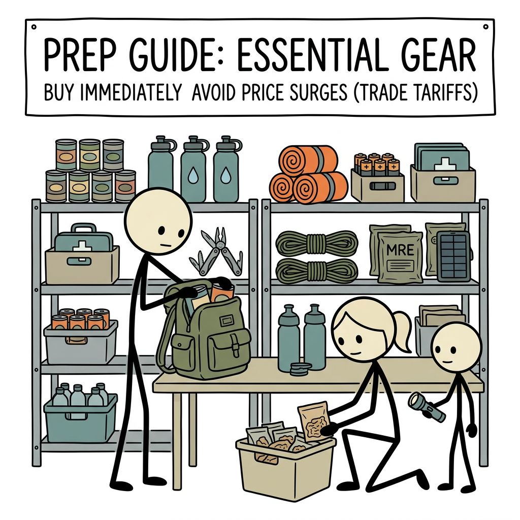 SC-style illustration for This guide highlights the specific emergency supplies and survival gear preppers need to buy immediately to avoid upcoming price surges caused by new trade tariffs.