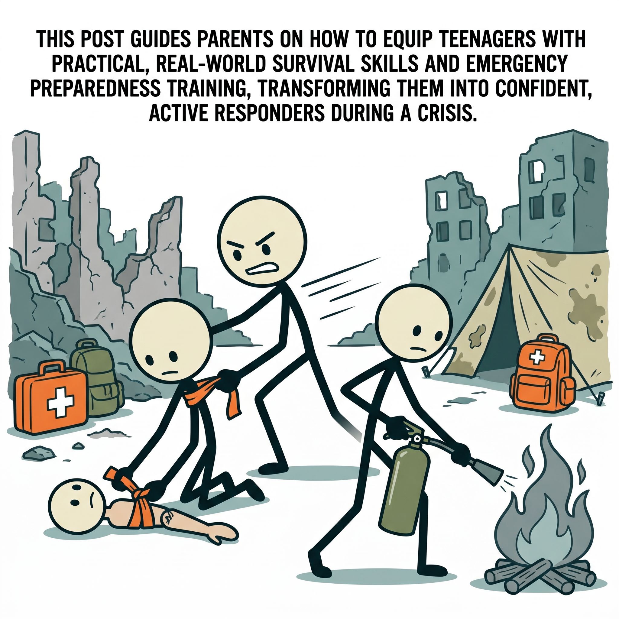SC-style illustration for This post guides parents on how to equip teenagers with practical, real-world survival skills and emergency preparedness training, transforming them into confident, active responders during a crisis.