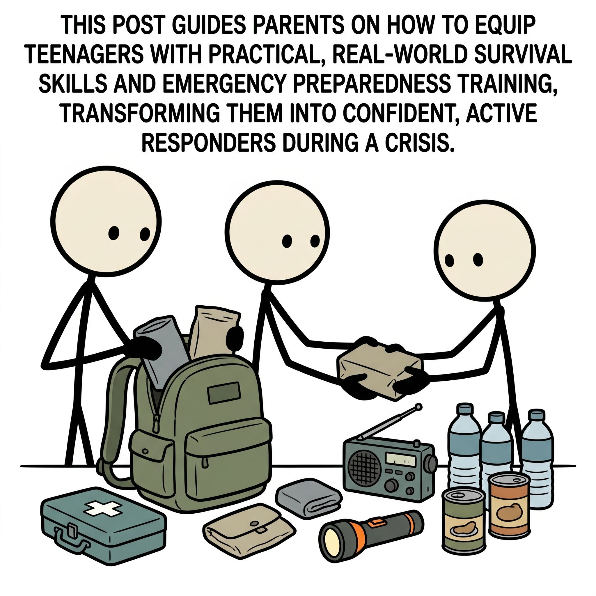 SC-style illustration for This post guides parents on how to equip teenagers with practical, real-world survival skills and emergency preparedness training, transforming them into confident, active responders during a crisis.