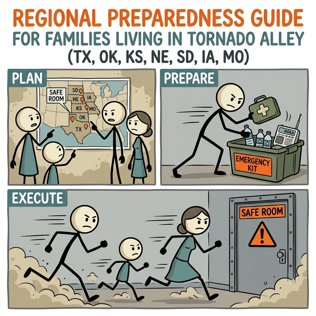 SC-style illustration for Regional preparedness guide for families living in tornado alley (Texas, Oklahoma, Kansas, Nebraska, South Dakota, Iowa, Missouri)
