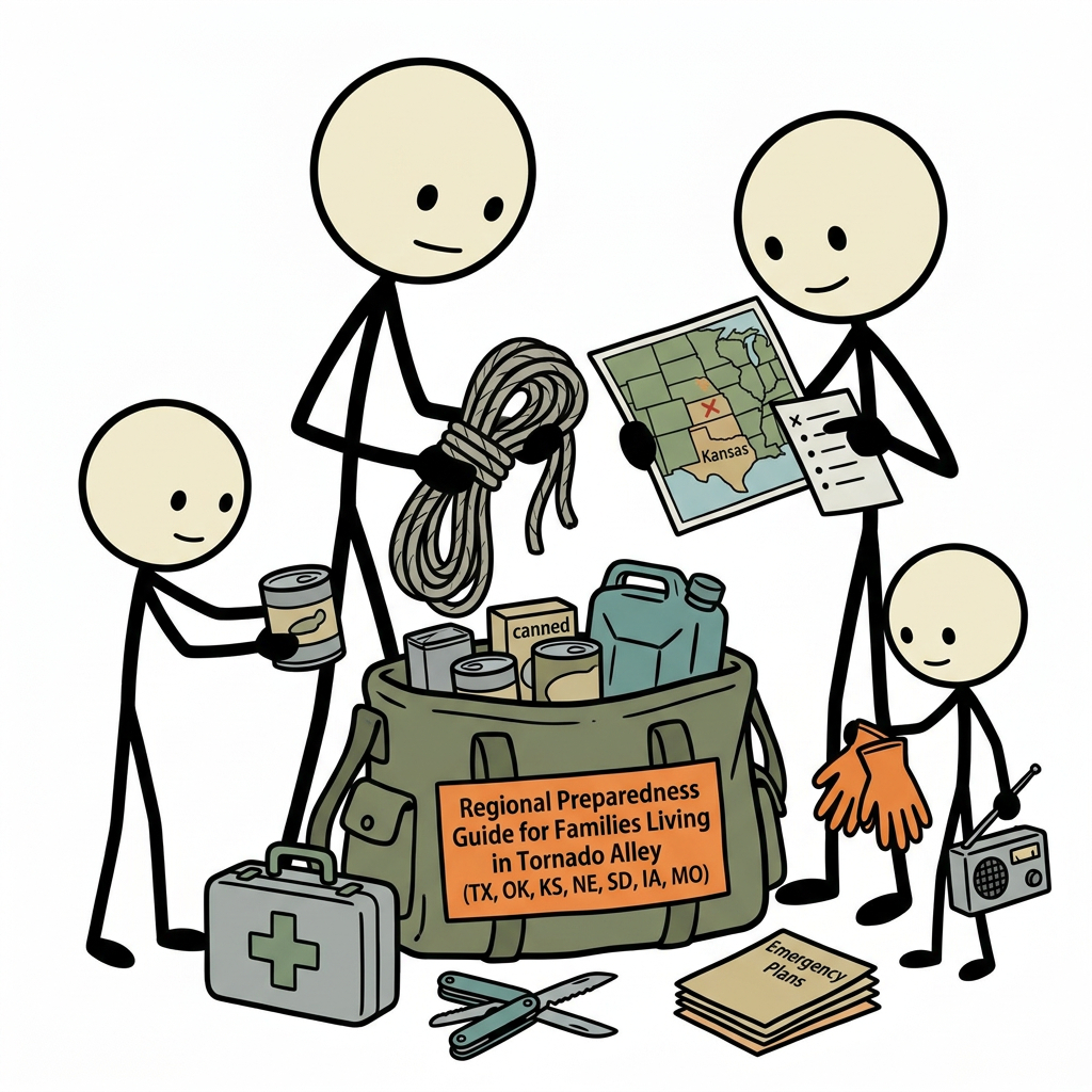 SC-style illustration for Regional preparedness guide for families living in tornado alley (Texas, Oklahoma, Kansas, Nebraska, South Dakota, Iowa, Missouri)