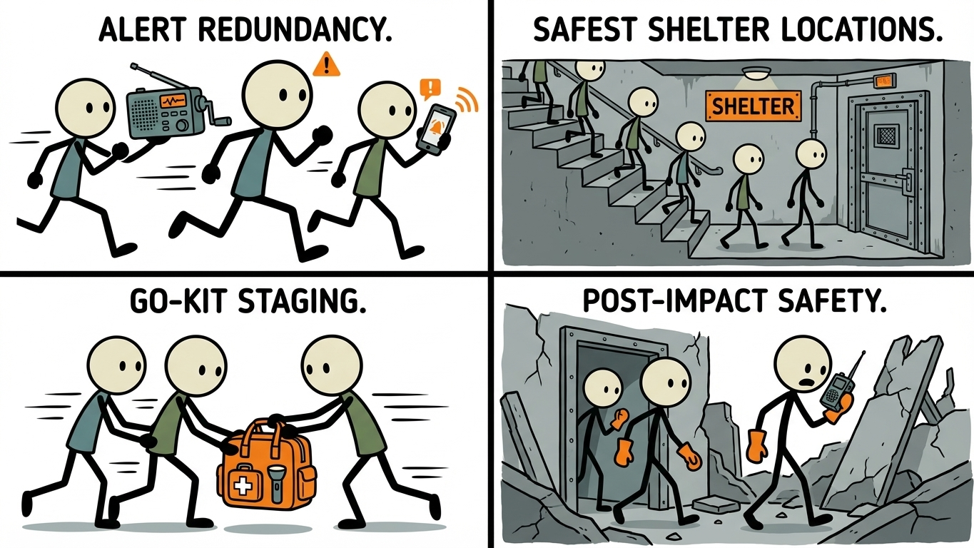 SC-style illustration for tornado readiness planning including alert redundancy, safest shelter locations, go-kit staging, and post-impact safety