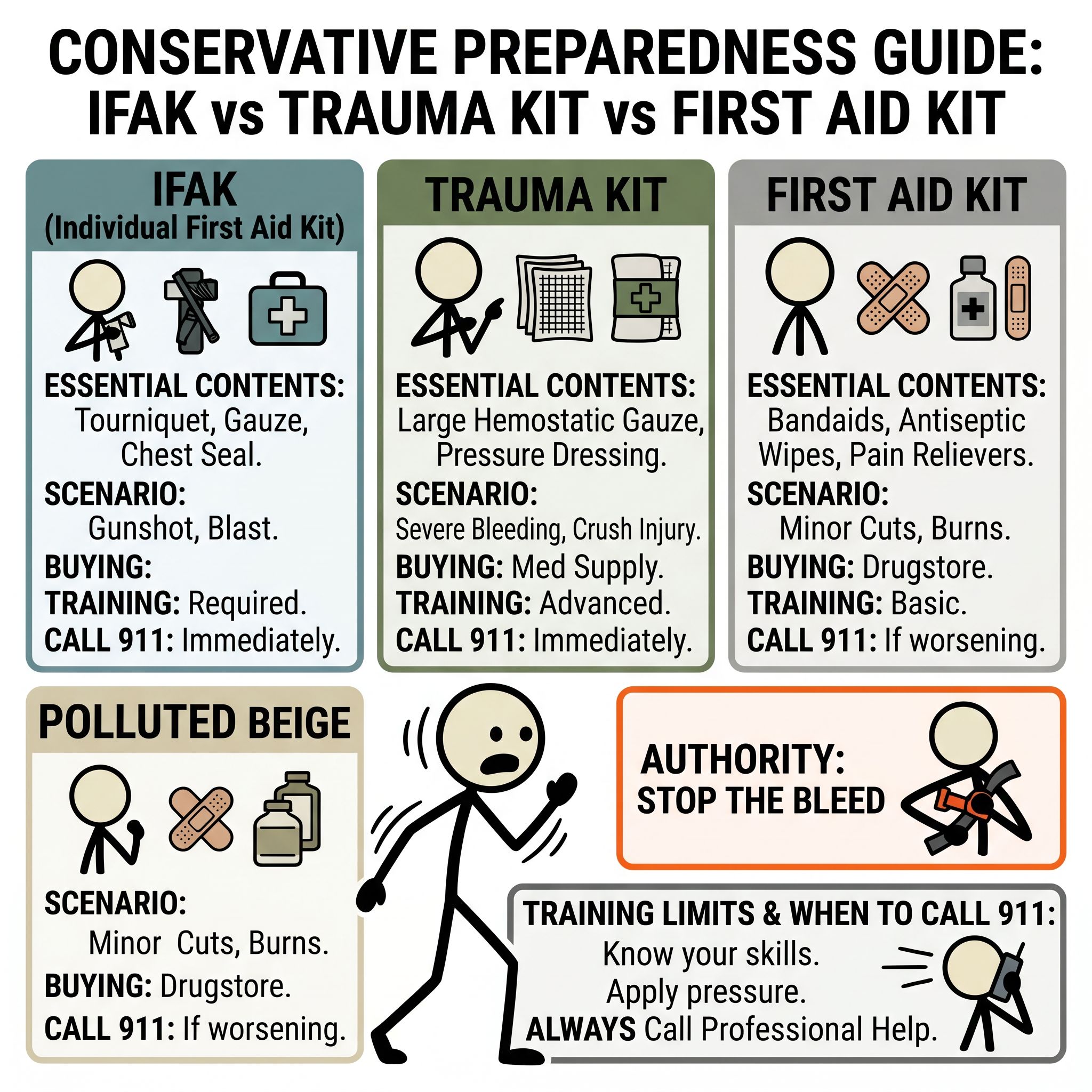 SC-style illustration for A conservative preparedness guide explaining IFAK vs trauma kit vs first aid kit, essential contents, realistic emergency scenarios, buying guidance, training limits, and when to call emergency services. Include Stop the Bleed as the outside authority.
