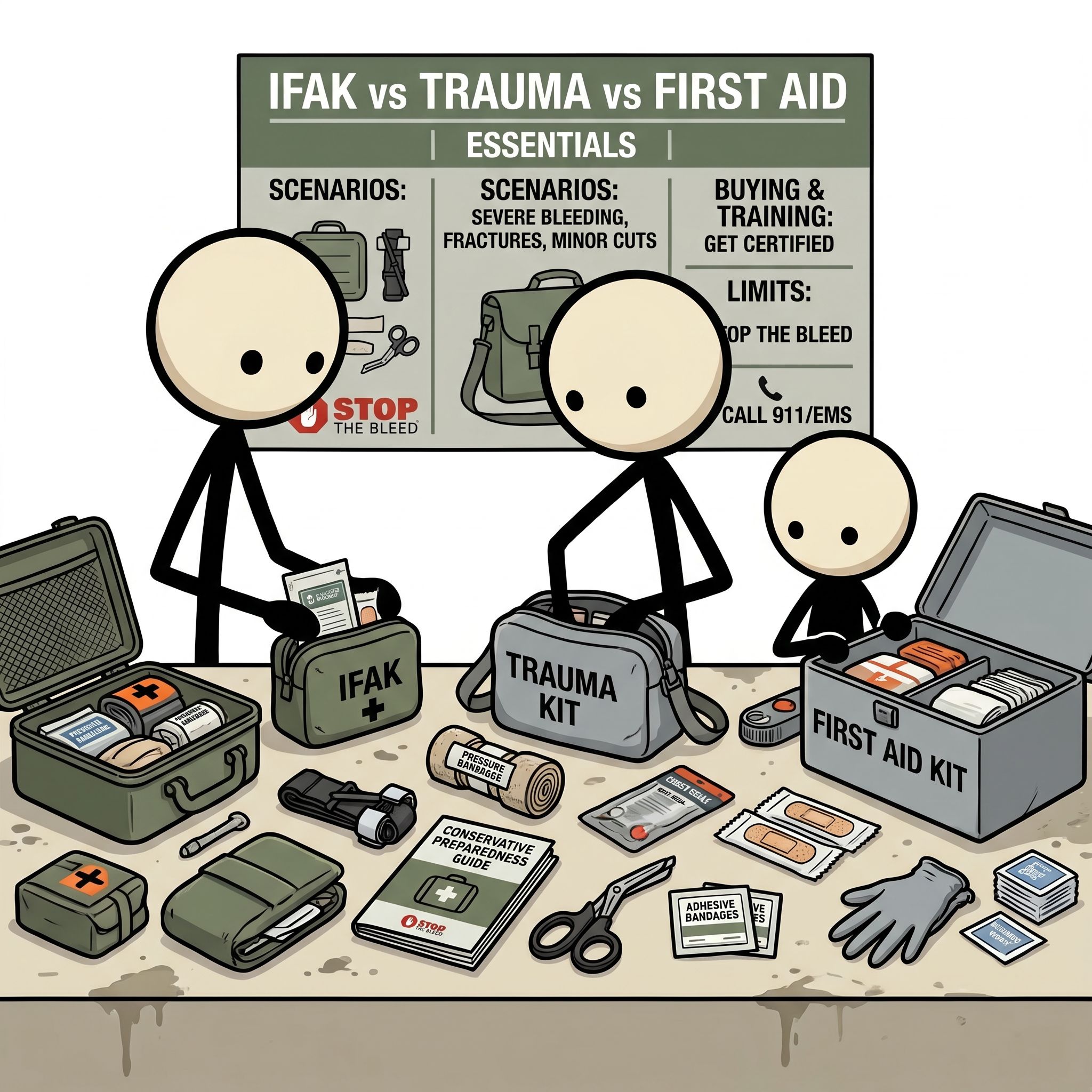 SC-style illustration for A conservative preparedness guide explaining IFAK vs trauma kit vs first aid kit, essential contents, realistic emergency scenarios, buying guidance, training limits, and when to call emergency services. Include Stop the Bleed as the outside authority.