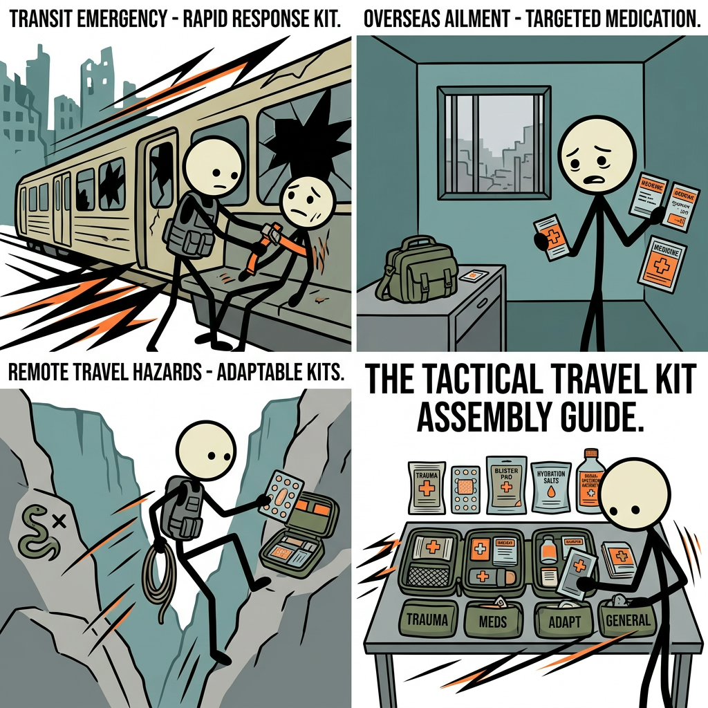 SC-style illustration for A tactical guide to assembling a compact, adaptable travel first aid kit optimized to handle transit emergencies, overseas ailments, and remote travel hazards.