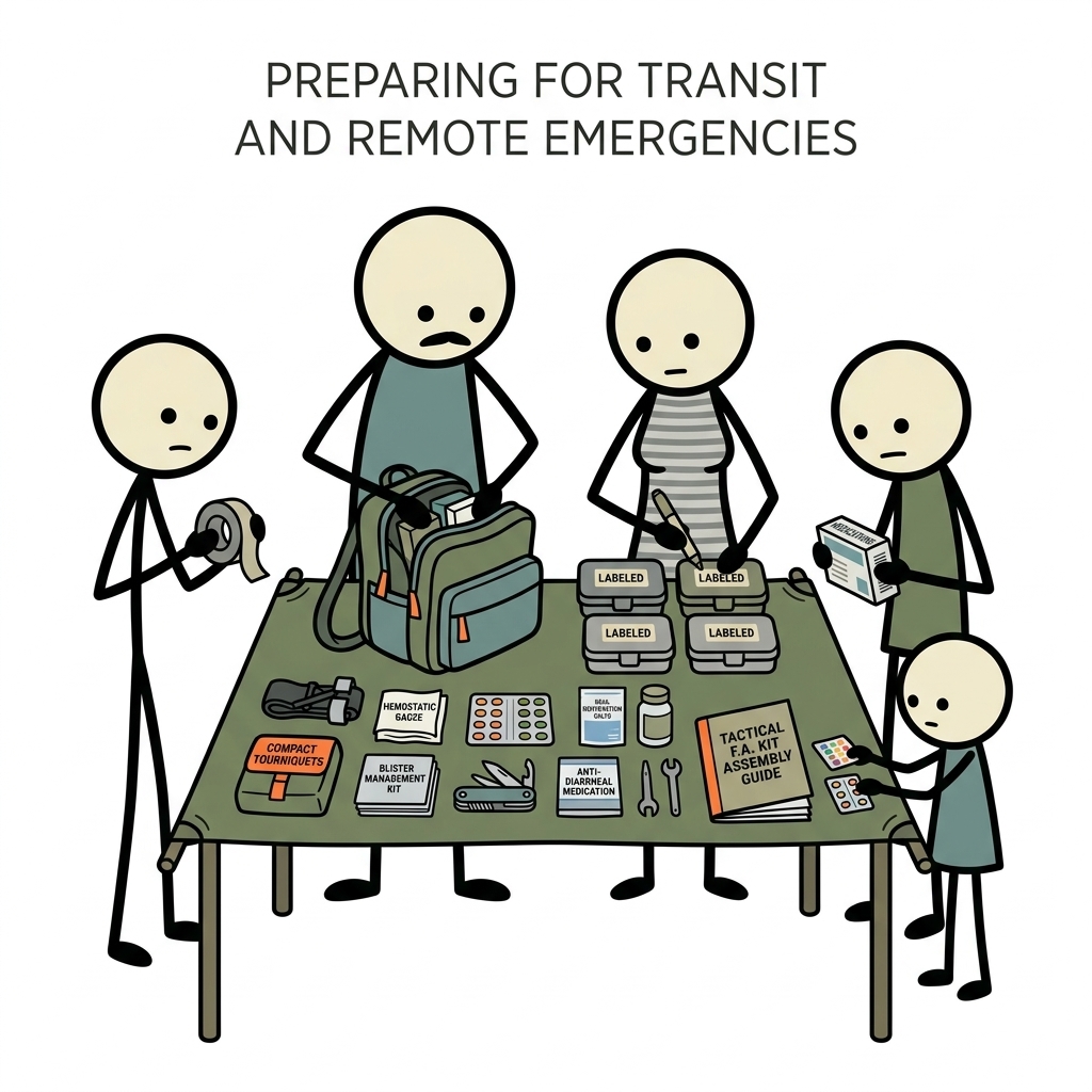 SC-style illustration for A tactical guide to assembling a compact, adaptable travel first aid kit optimized to handle transit emergencies, overseas ailments, and remote travel hazards.