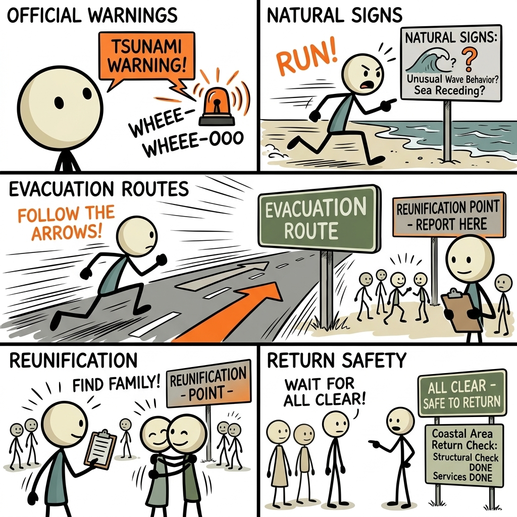 SC-style illustration for Explain official warnings, natural signs, evacuation routes, reunification, and return safety for coastal households.