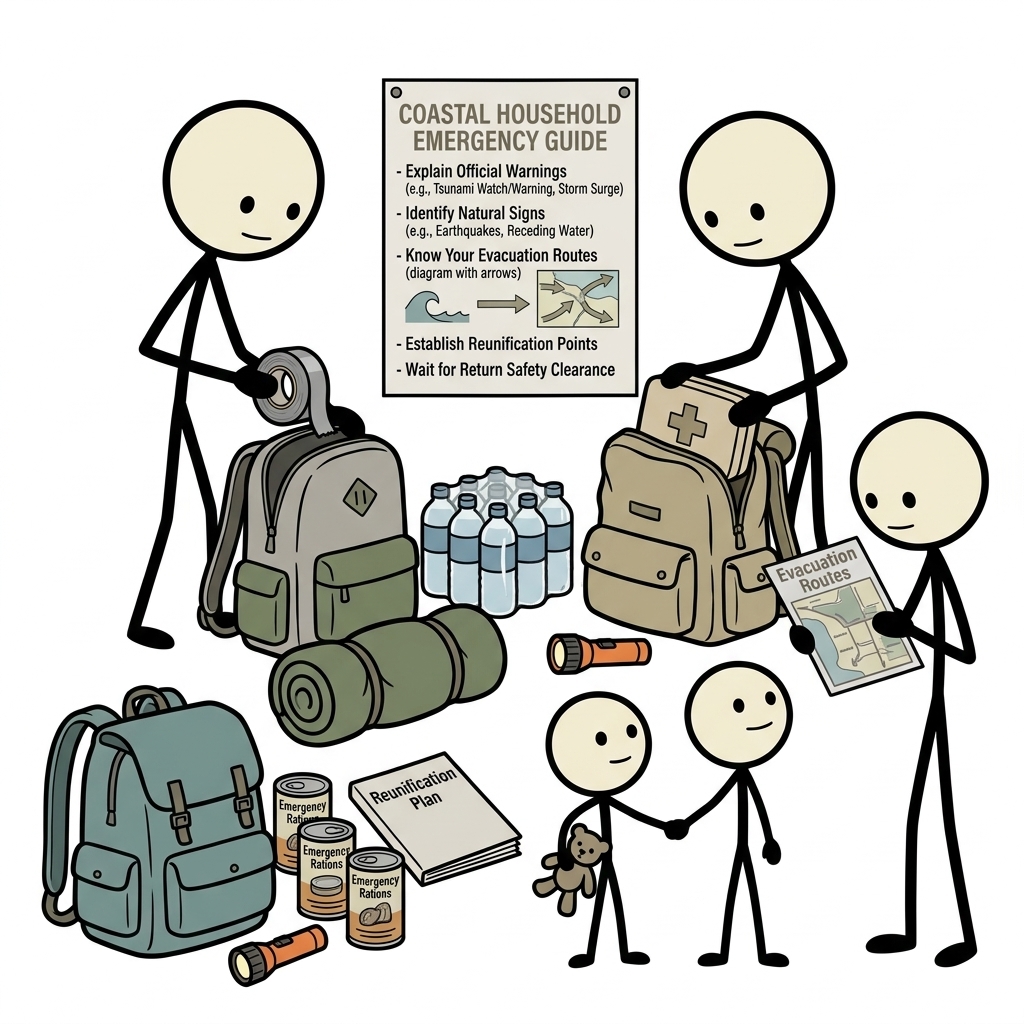 SC-style illustration for Explain official warnings, natural signs, evacuation routes, reunification, and return safety for coastal households.
