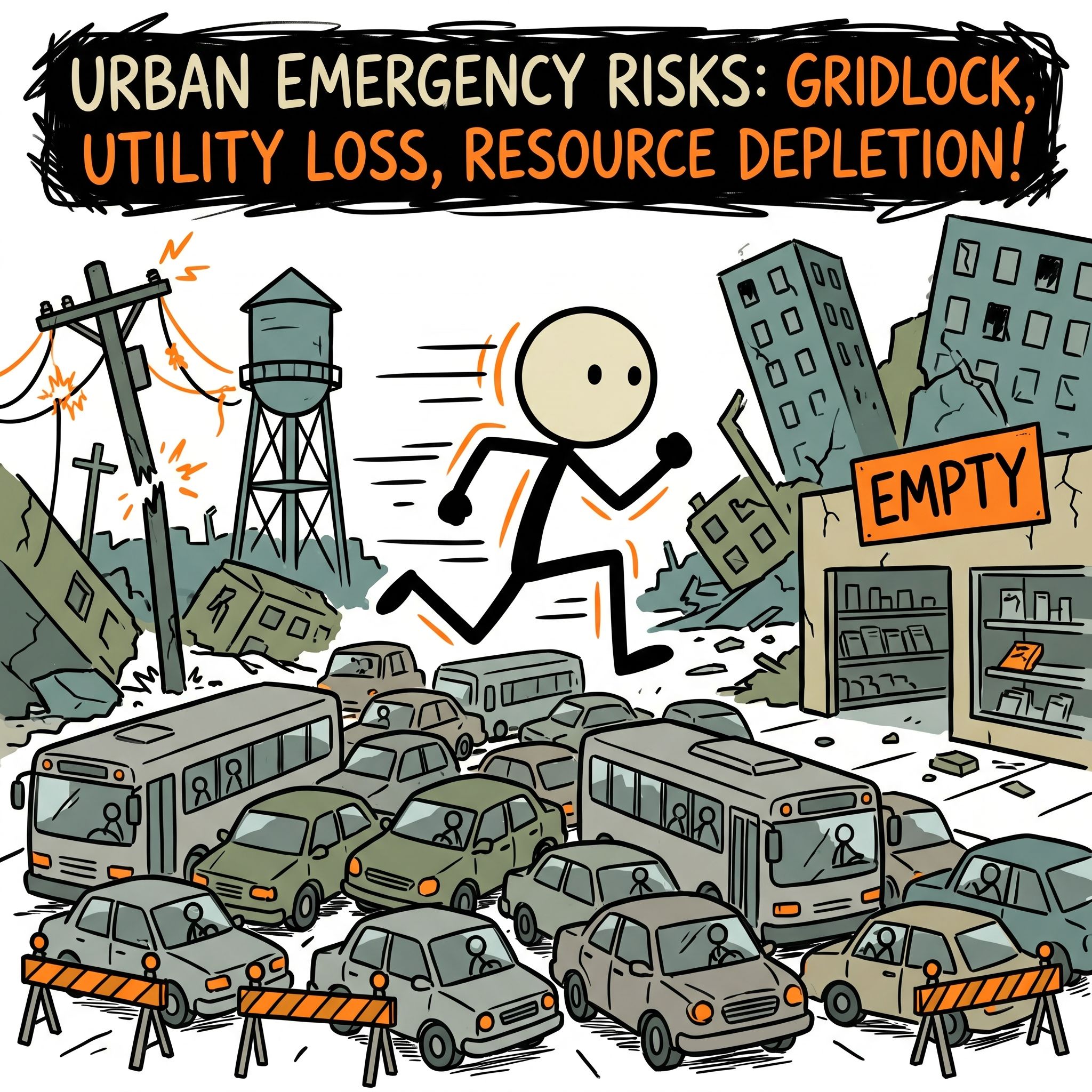 SC-style illustration for This post highlights the unique, often-overlooked emergency risks specific to city living, such as gridlock, utility dependence, and rapid resource depletion, providing actionable advice for urbanites.