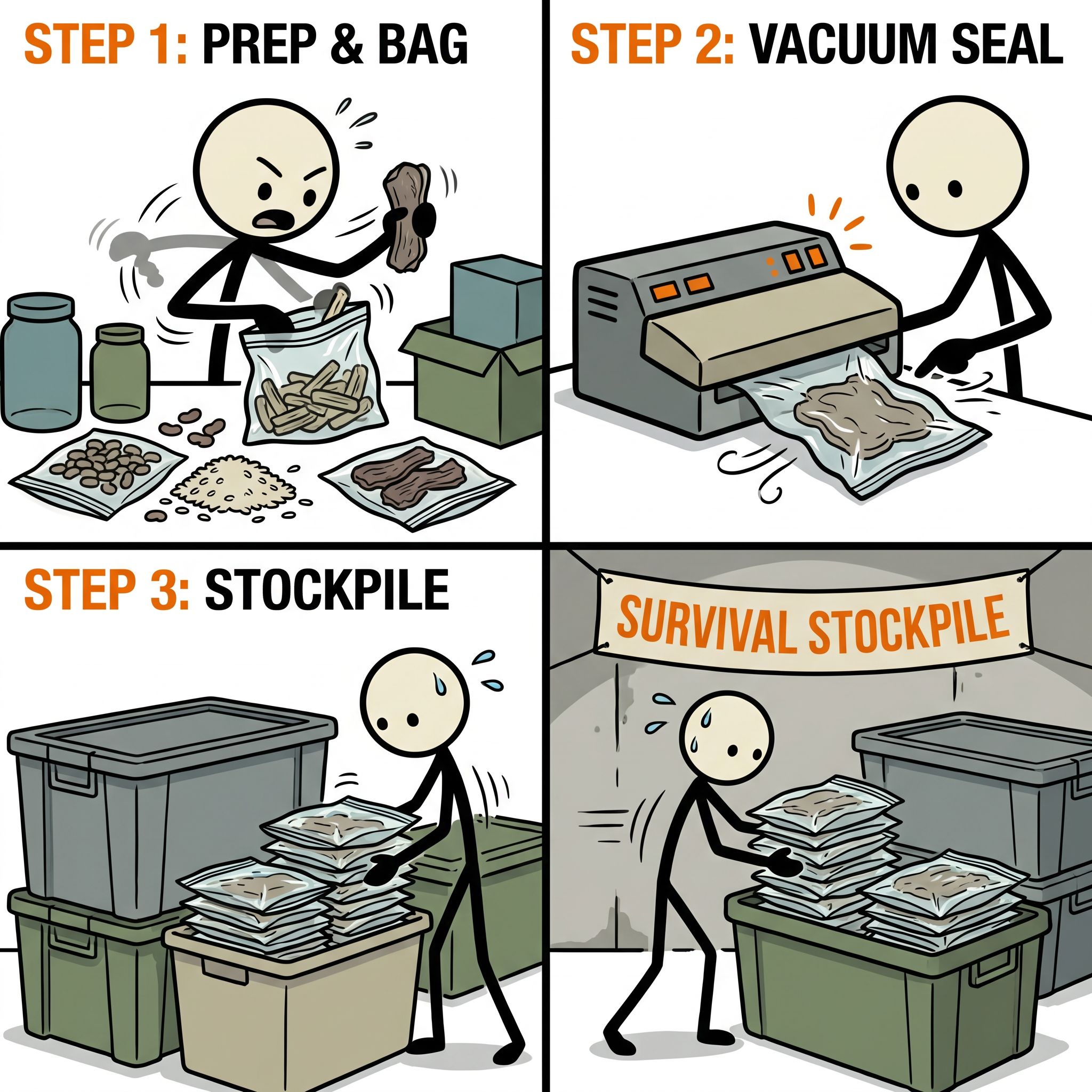 SC-style illustration for A comprehensive, step-by-step guide on how to safely vacuum seal various food types at home to maximize shelf life for long-term emergency preparedness and survival stockpiles.
