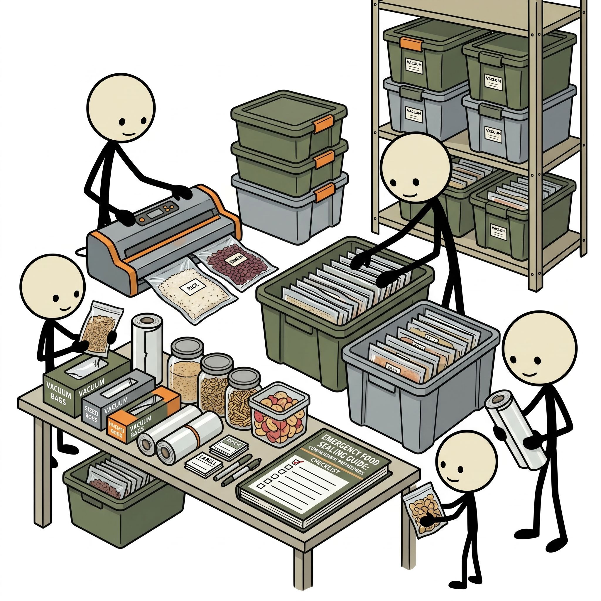 SC-style illustration for A comprehensive, step-by-step guide on how to safely vacuum seal various food types at home to maximize shelf life for long-term emergency preparedness and survival stockpiles.