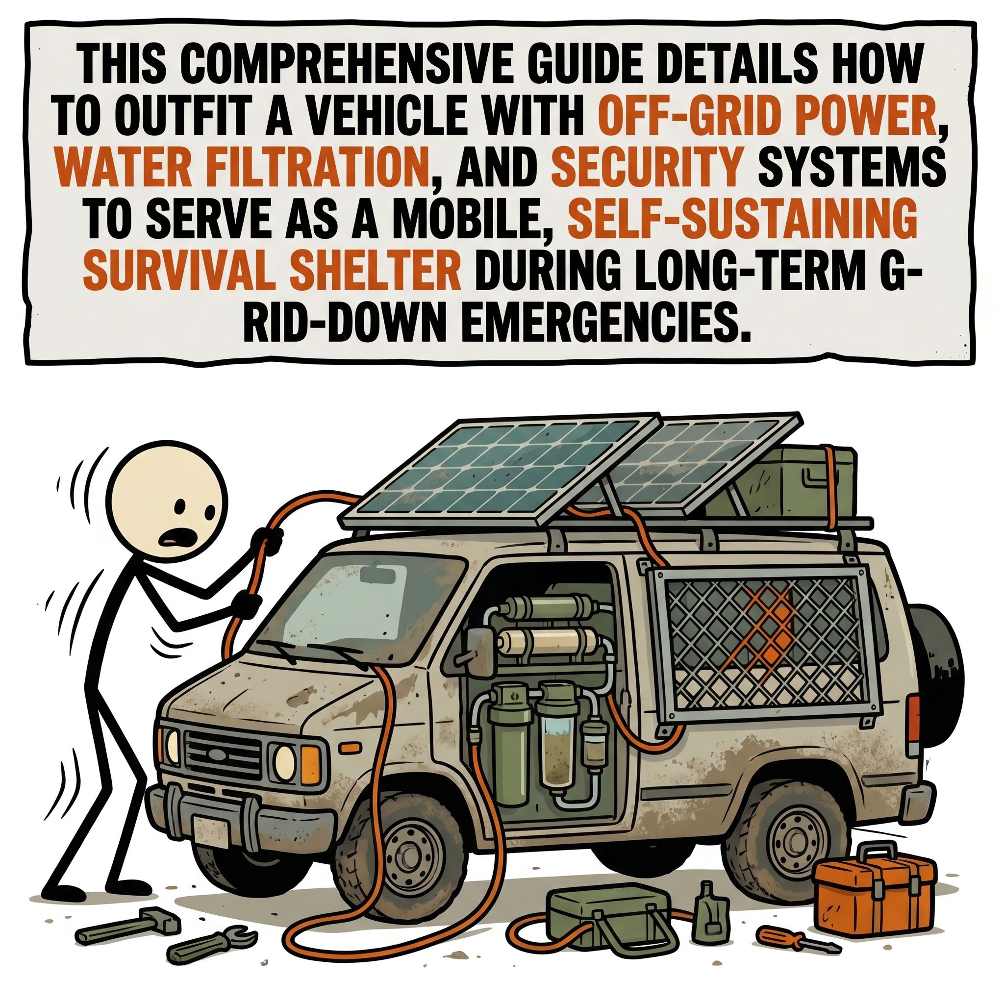 SC-style illustration for This comprehensive guide details how to outfit a vehicle with off-grid power, water filtration, and security systems to serve as a mobile, self-sustaining survival shelter during long-term grid-down emergencies.