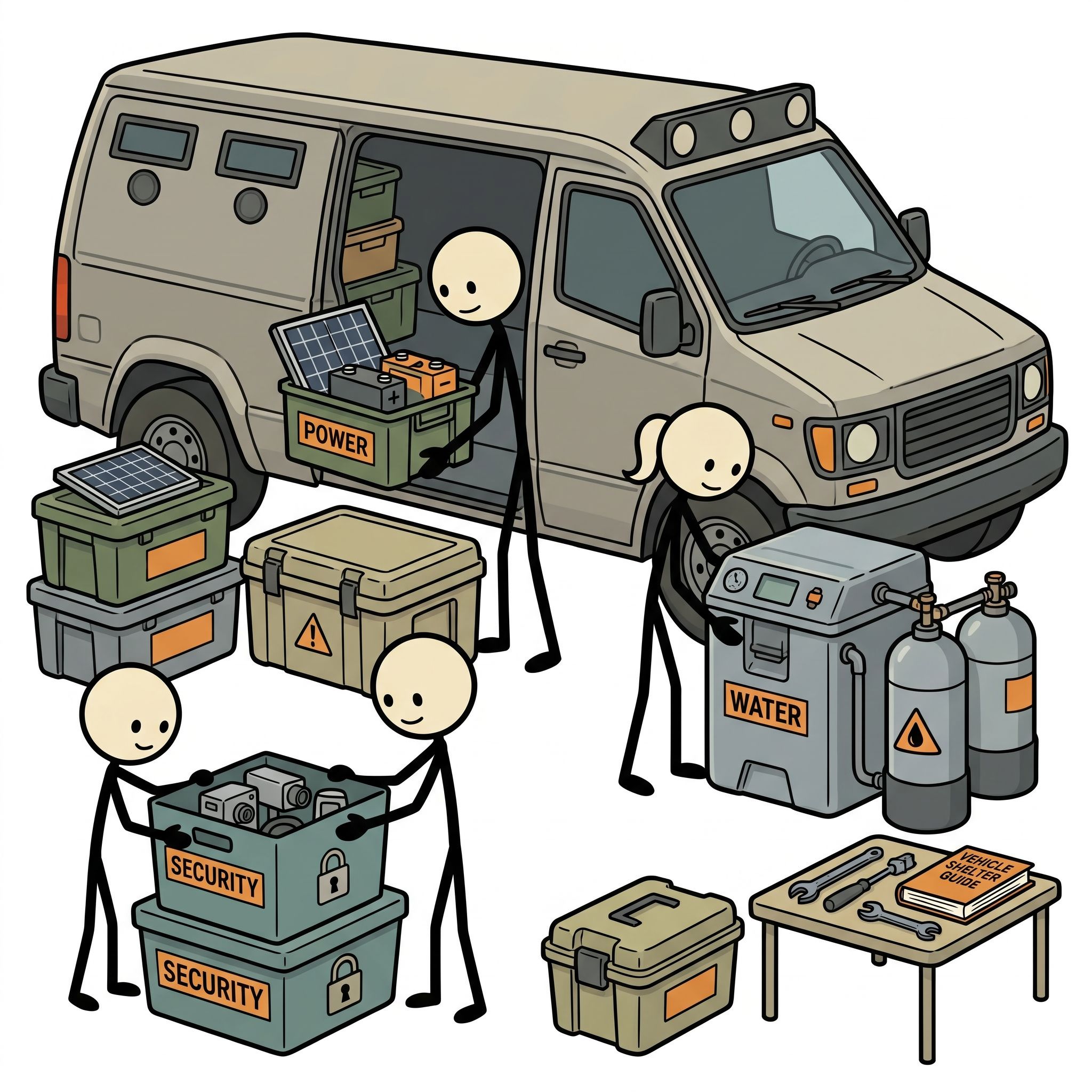 SC-style illustration for This comprehensive guide details how to outfit a vehicle with off-grid power, water filtration, and security systems to serve as a mobile, self-sustaining survival shelter during long-term grid-down emergencies.