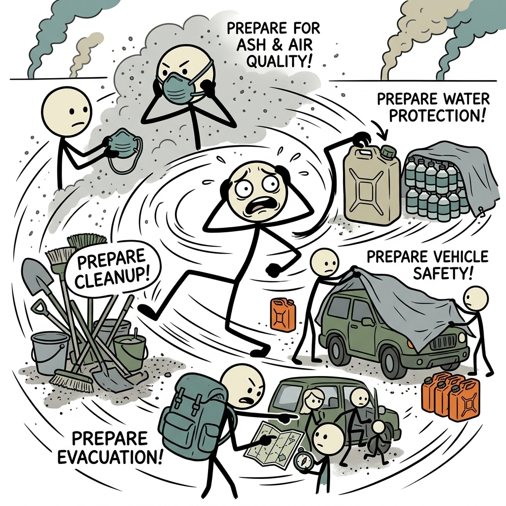 SC-style illustration for Prepare for ash, air quality, water protection, vehicle safety, evacuation, and cleanup.