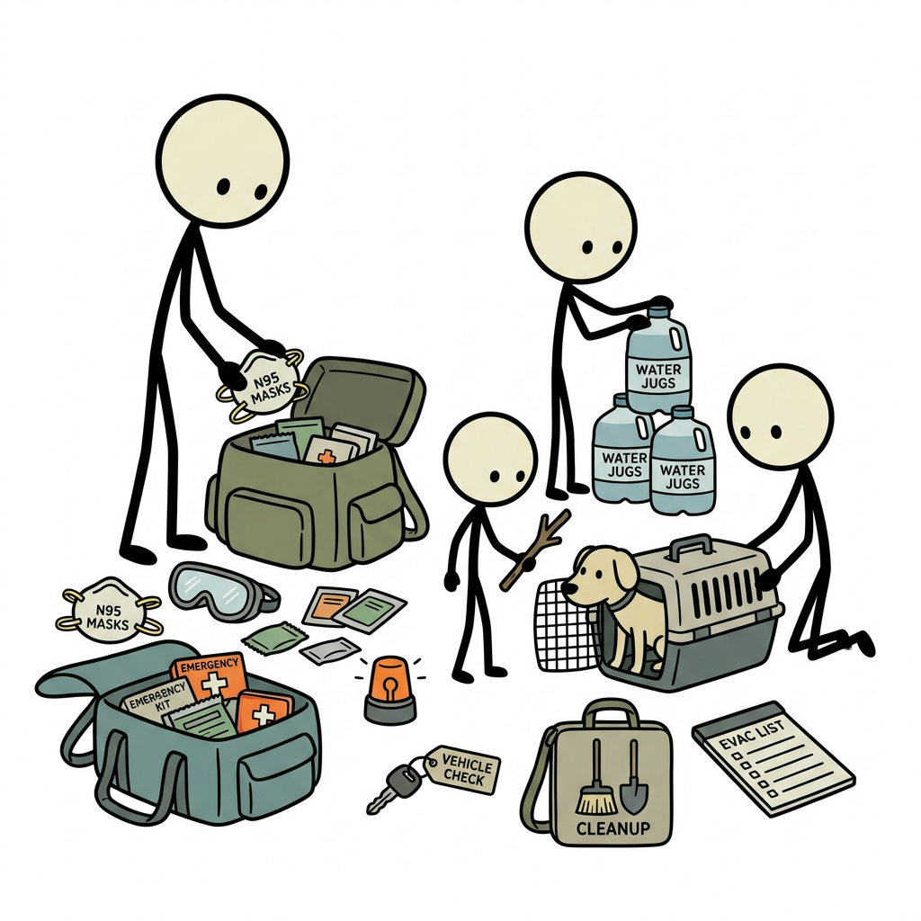 SC-style illustration for Prepare for ash, air quality, water protection, vehicle safety, evacuation, and cleanup.