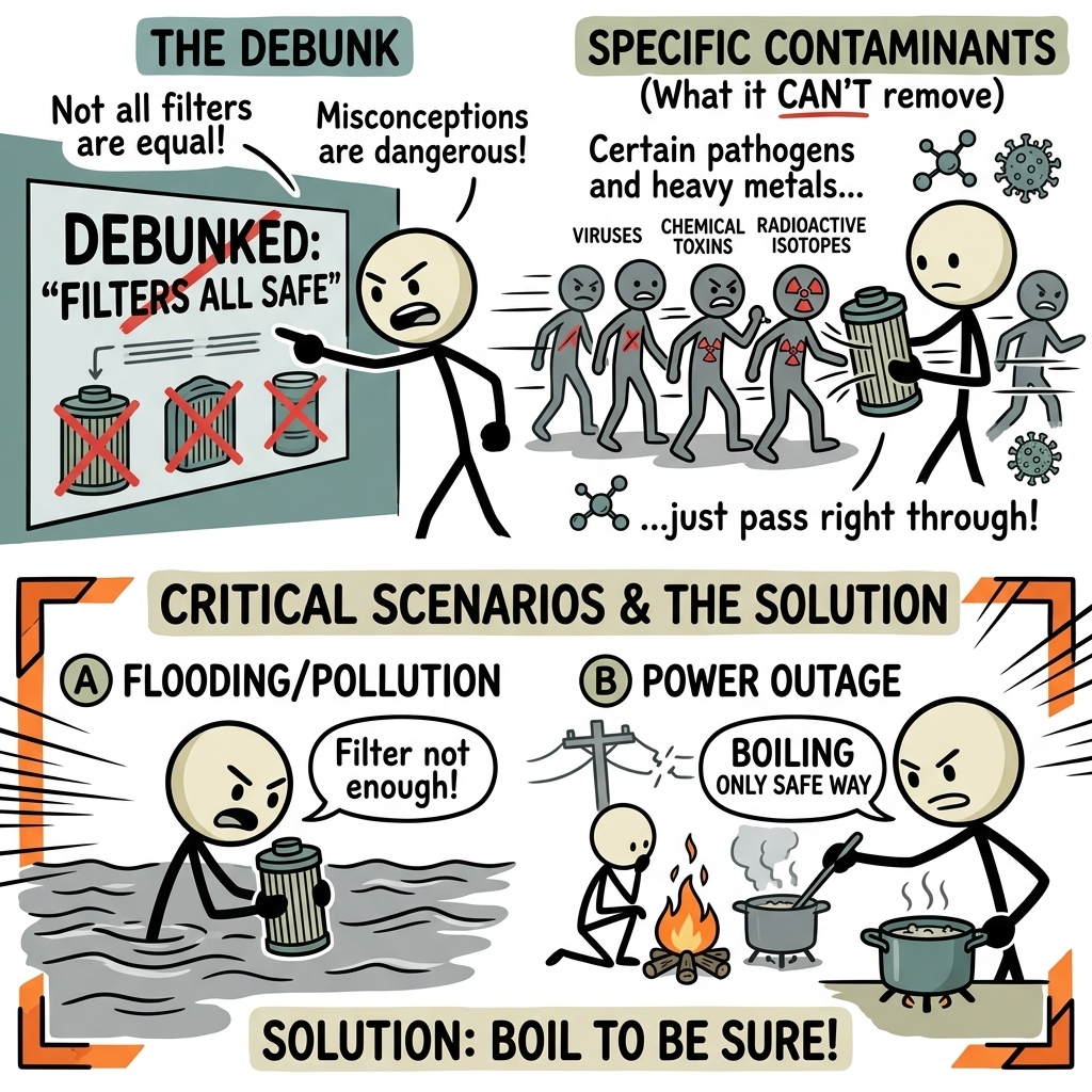 SC-style illustration for This post debunks dangerous misconceptions about portable water filters by identifying the specific contaminants they cannot remove and outlining the critical scenarios where boiling is the only safe purification method.