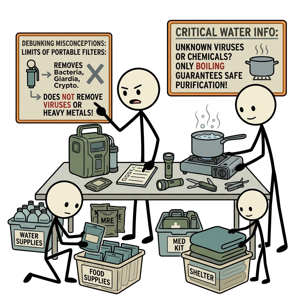SC-style illustration for This post debunks dangerous misconceptions about portable water filters by identifying the specific contaminants they cannot remove and outlining the critical scenarios where boiling is the only safe purification method.