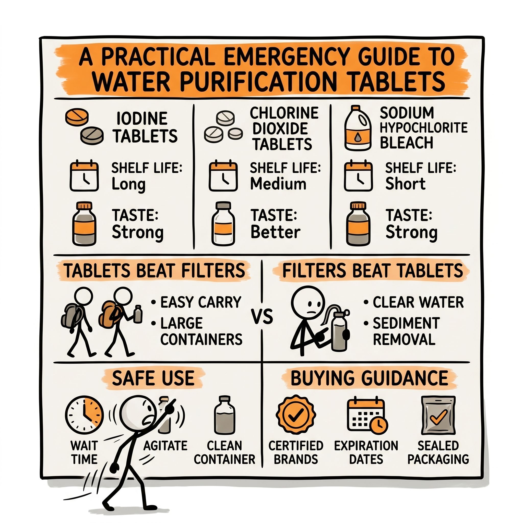 SC-style illustration for A practical emergency guide to water purification tablets for families, comparing iodine, chlorine dioxide, and sodium hypochlorite bleach; explain shelf life, when tablets beat filters, when filters beat tablets, safe use, and buying guidance.