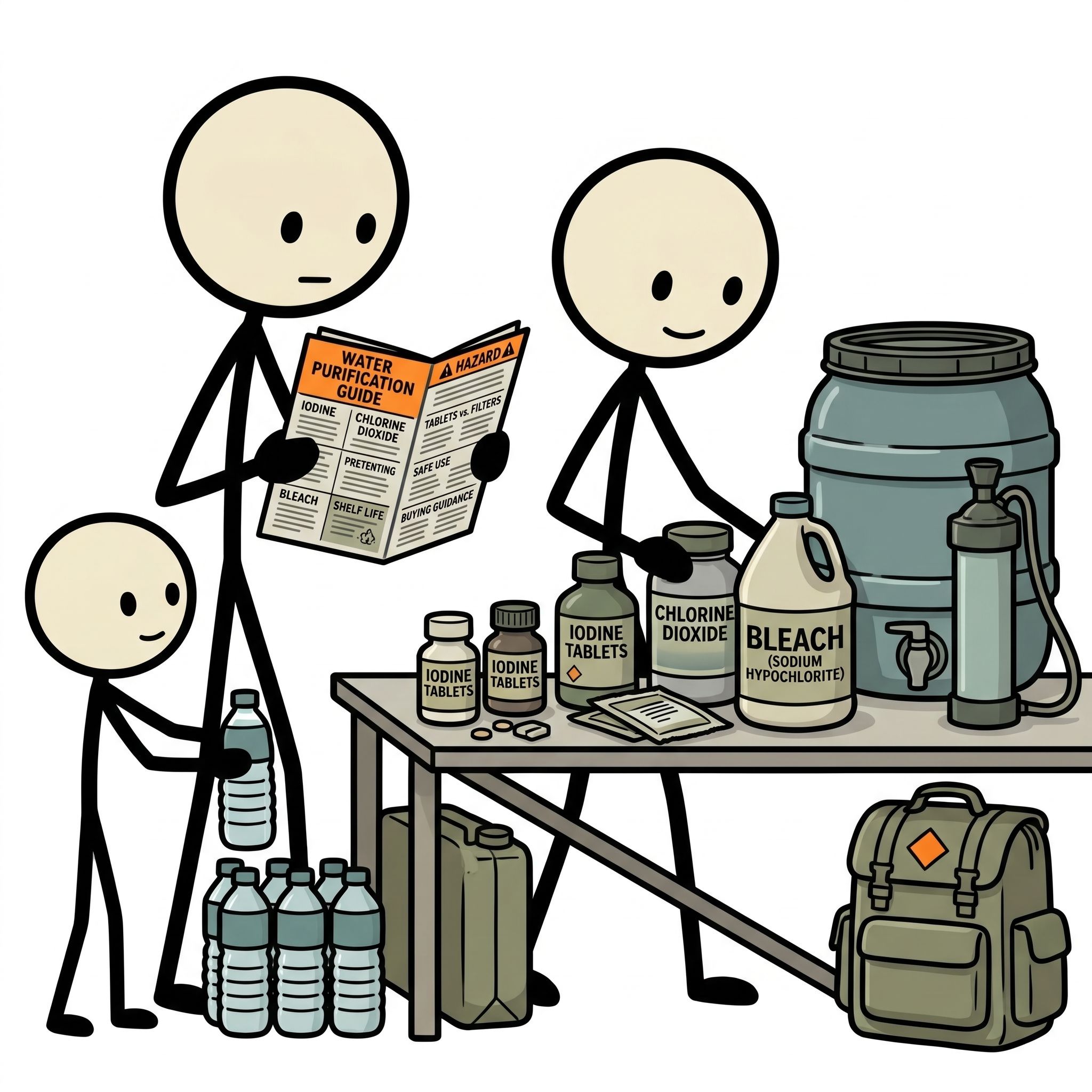 SC-style illustration for A practical emergency guide to water purification tablets for families, comparing iodine, chlorine dioxide, and sodium hypochlorite bleach; explain shelf life, when tablets beat filters, when filters beat tablets, safe use, and buying guidance.