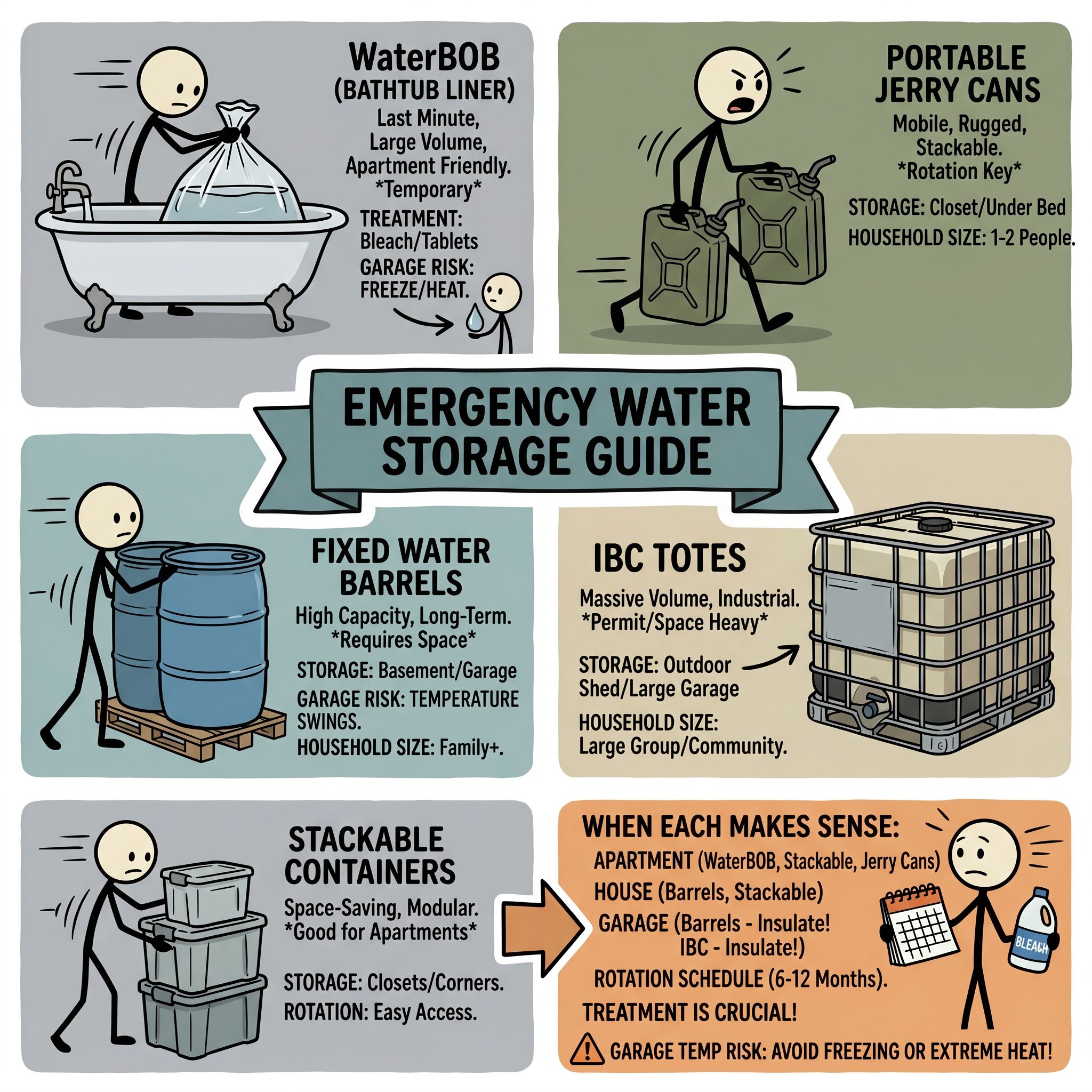 SC-style illustration for A practical emergency water storage containers guide comparing WaterBOB bathtub liners, portable jerry cans, fixed water barrels, IBC totes, and stackable water containers. Cover treatment, rotation, storage location, household sizing, apartment constraints, garage temperature risk, and when each container type makes sense.