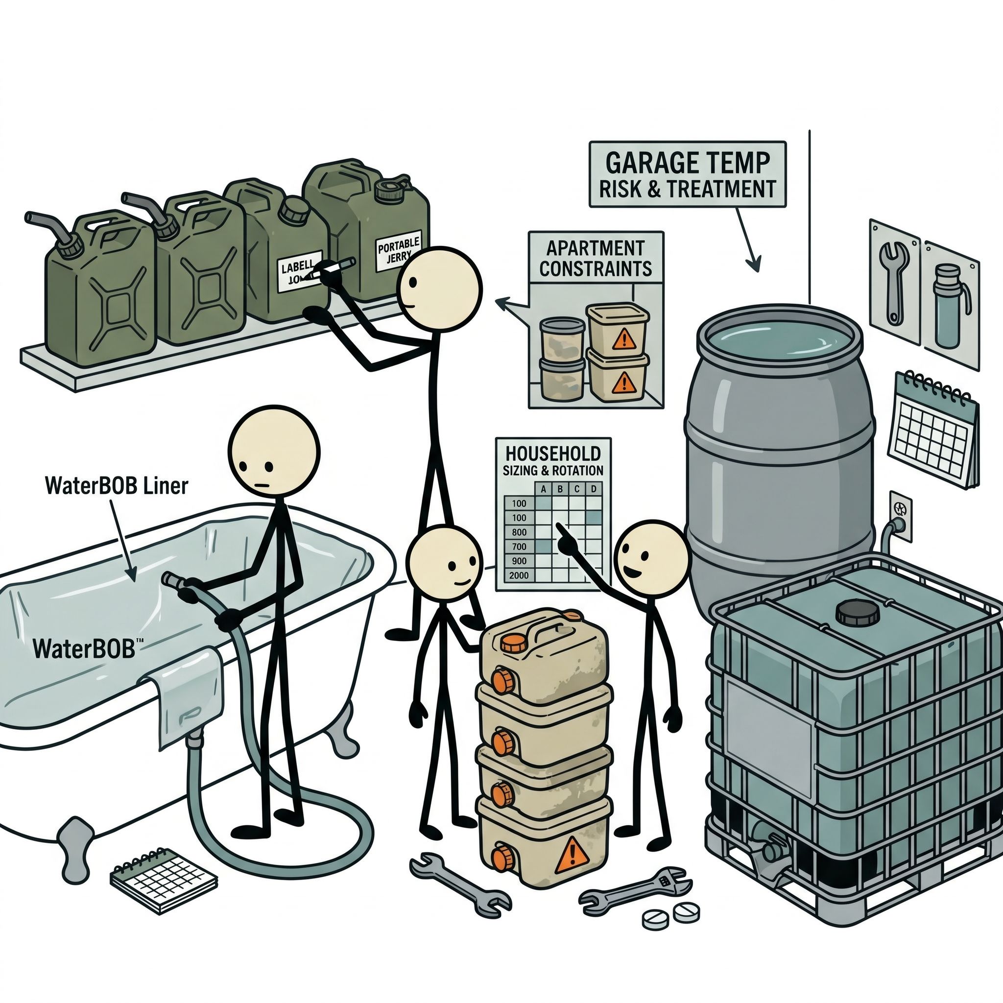 SC-style illustration for A practical emergency water storage containers guide comparing WaterBOB bathtub liners, portable jerry cans, fixed water barrels, IBC totes, and stackable water containers. Cover treatment, rotation, storage location, household sizing, apartment constraints, garage temperature risk, and when each container type makes sense.