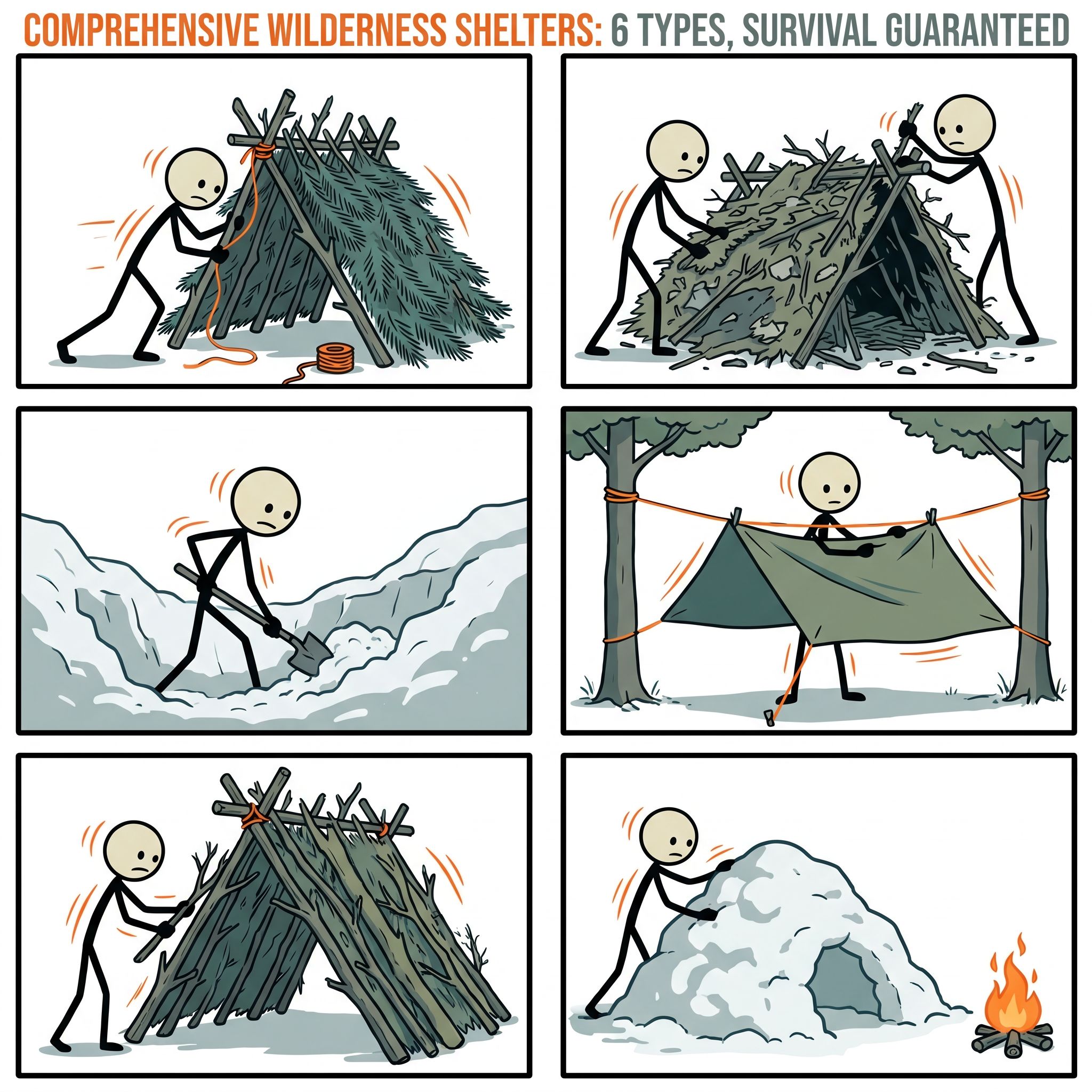 SC-style illustration for This comprehensive guide provides step-by-step instructions for constructing six highly effective, beginner-friendly emergency wilderness shelters using readily available natural resources to ensure survival in critical outdoor situations.