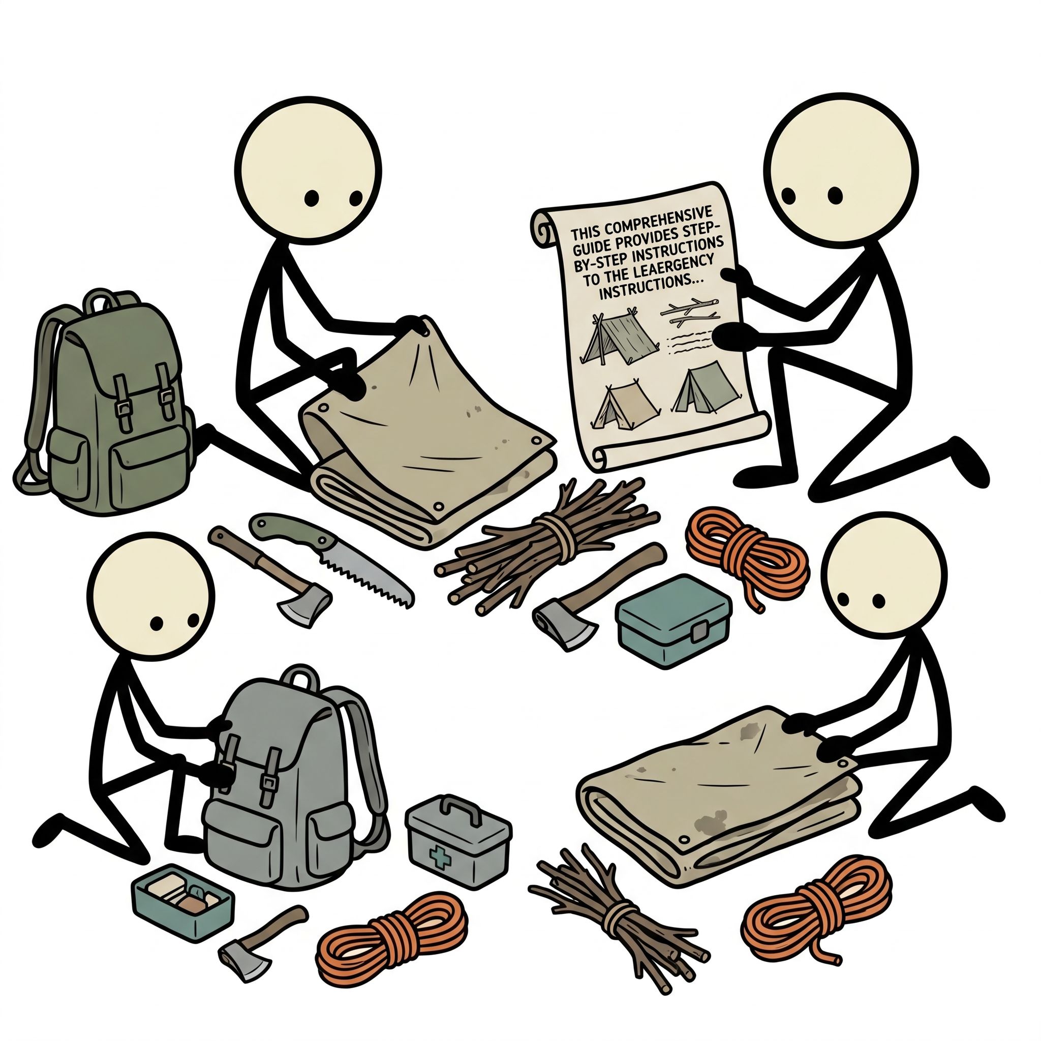 SC-style illustration for This comprehensive guide provides step-by-step instructions for constructing six highly effective, beginner-friendly emergency wilderness shelters using readily available natural resources to ensure survival in critical outdoor situations.