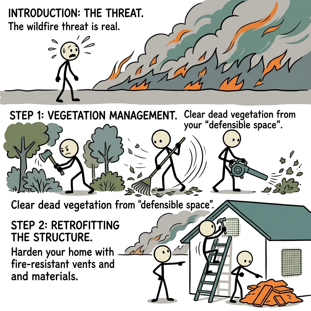 SC-style illustration for Practical guide to hardening your home against wildfire