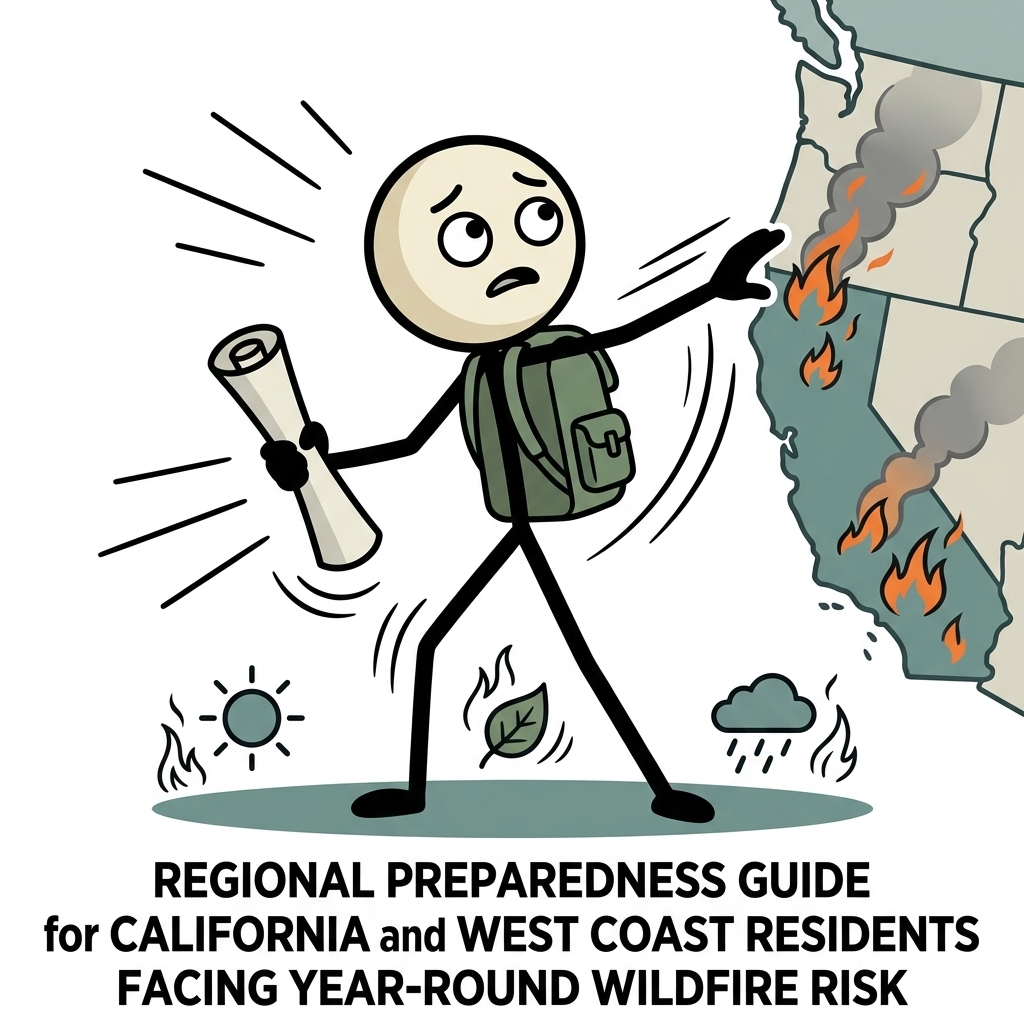SC-style illustration for Regional preparedness guide for California and West Coast residents facing year-round wildfire risk