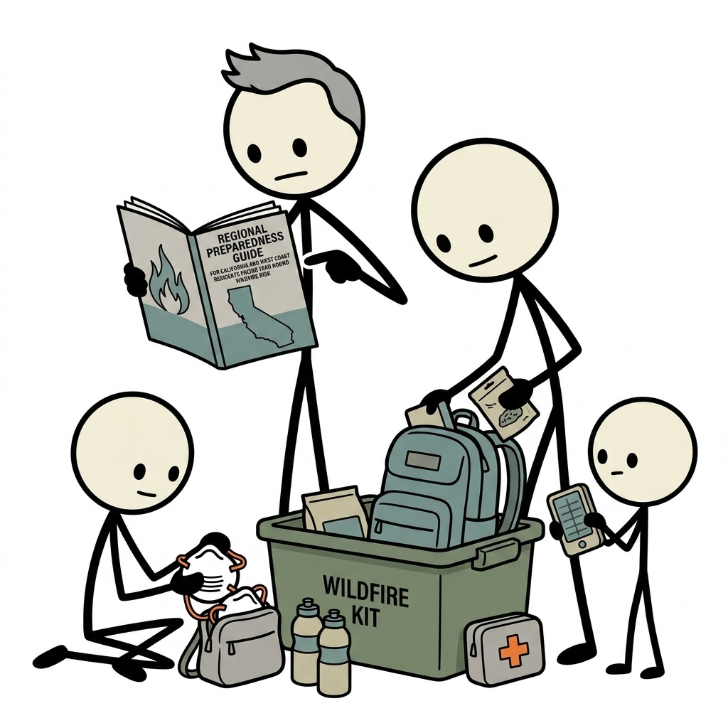 SC-style illustration for Regional preparedness guide for California and West Coast residents facing year-round wildfire risk