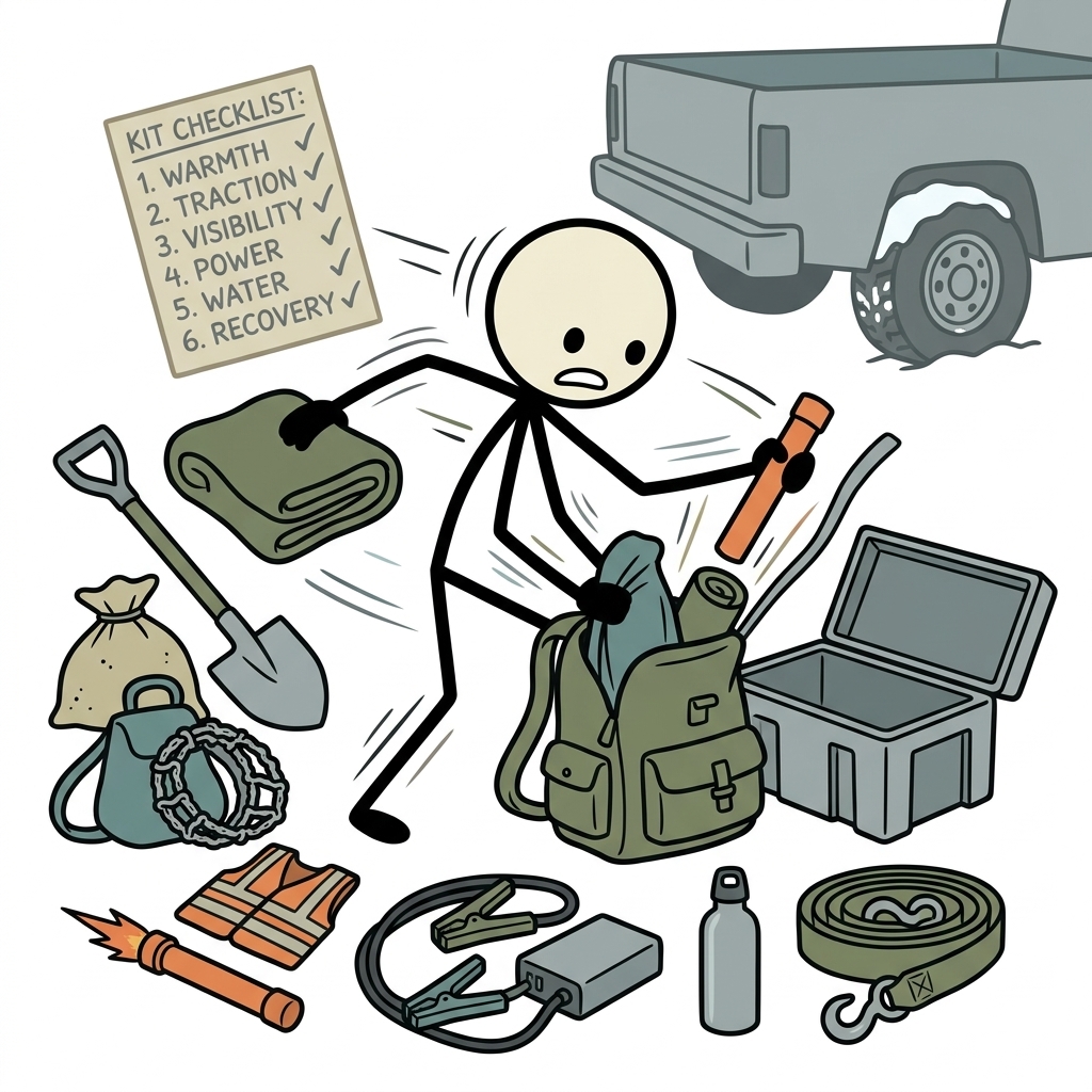 SC-style illustration for Build a cold-weather vehicle kit around warmth, traction, visibility, power, water, and recovery.