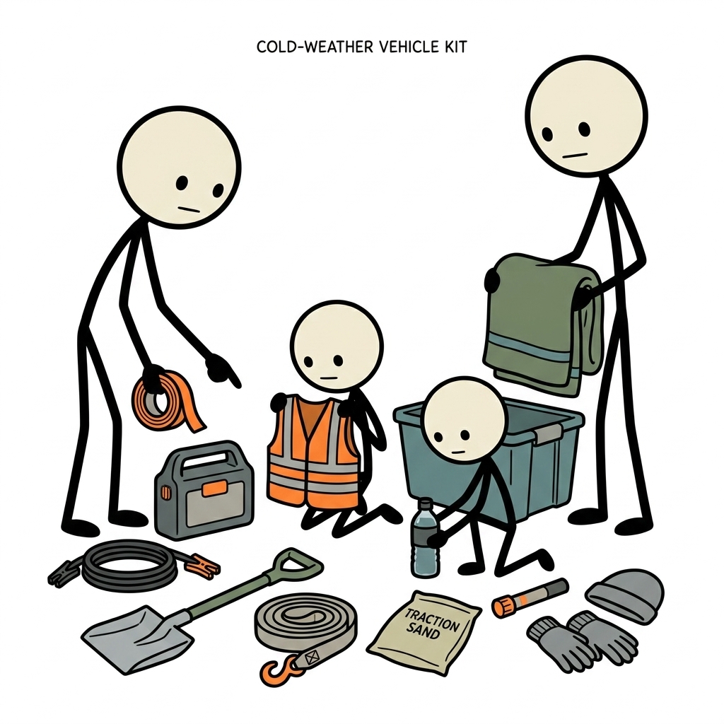 SC-style illustration for Build a cold-weather vehicle kit around warmth, traction, visibility, power, water, and recovery.