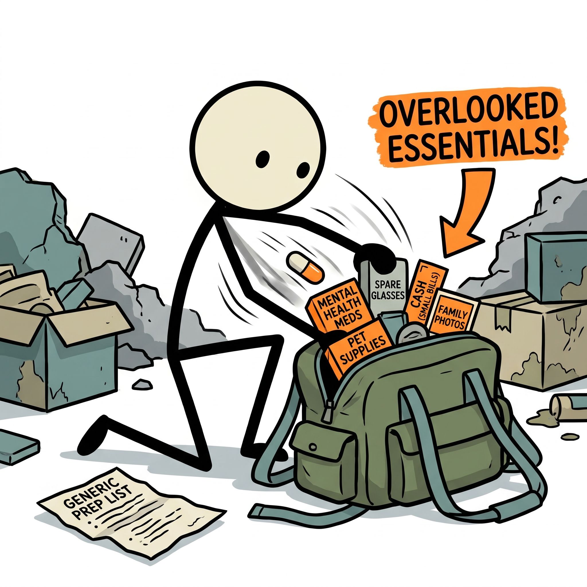 SC-style illustration for Emergency go-bag guide addressing needs typically overlooked in generic prep lists