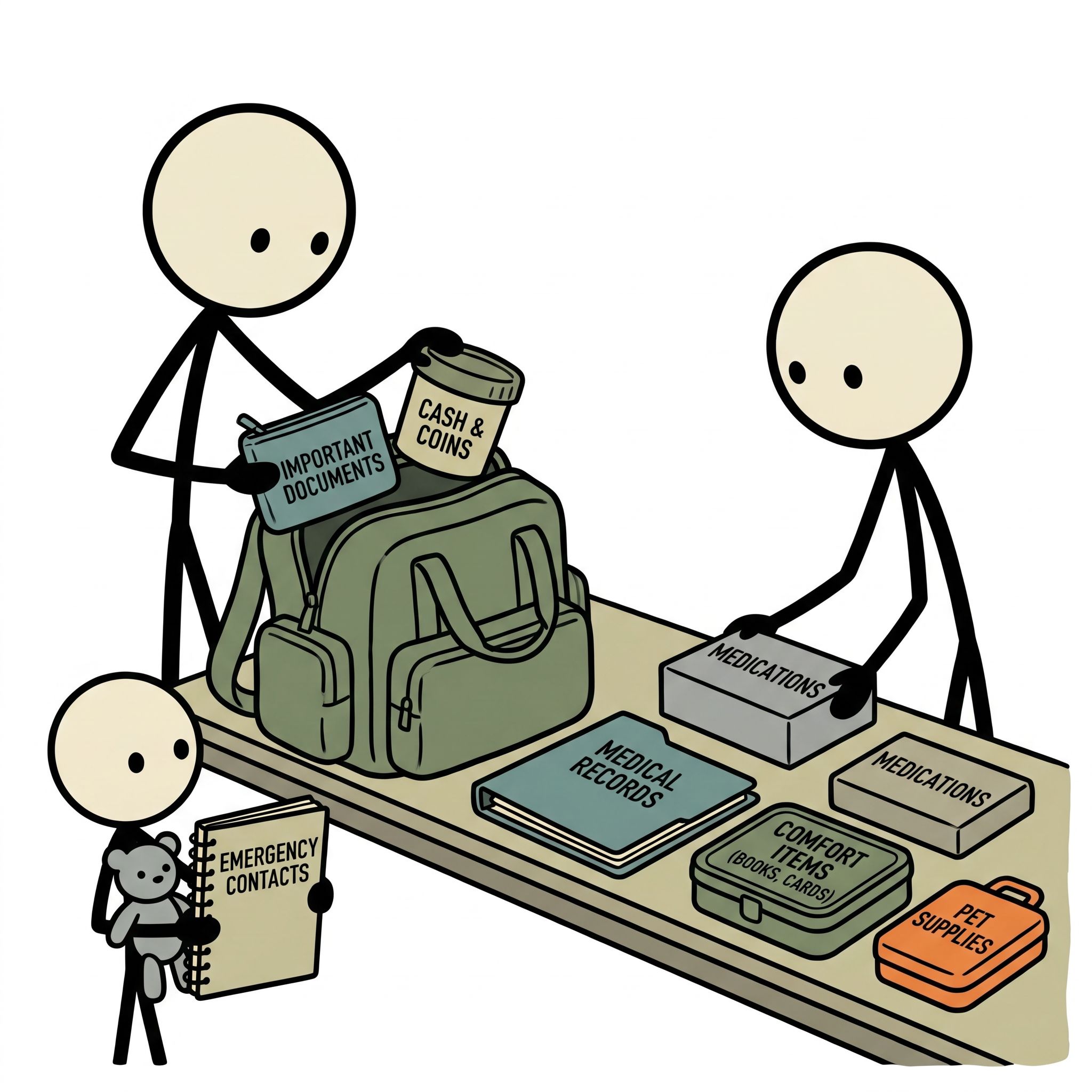 SC-style illustration for Emergency go-bag guide addressing needs typically overlooked in generic prep lists