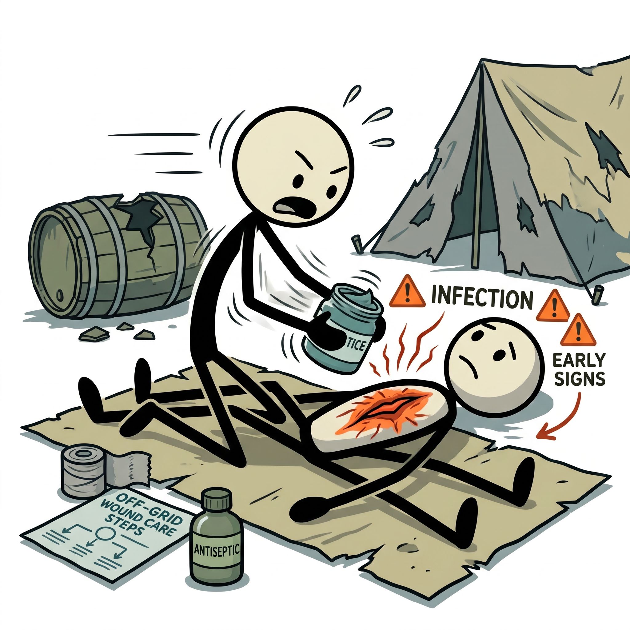 SC-style illustration for An emergency preparedness guide focused on identifying the early signs of wound infection and administering off-grid, first-aid treatment protocols when professional medical help is unavailable.