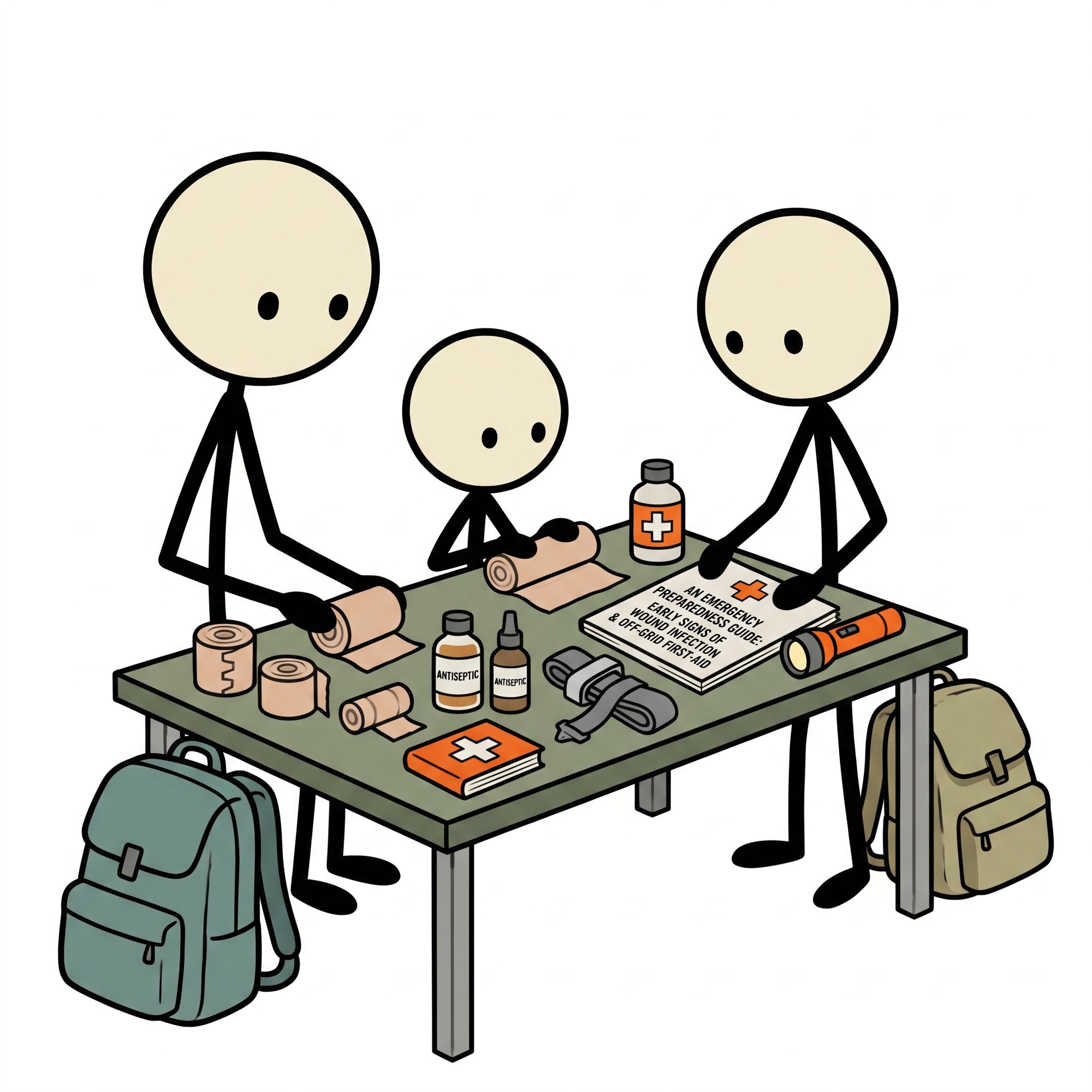 SC-style illustration for An emergency preparedness guide focused on identifying the early signs of wound infection and administering off-grid, first-aid treatment protocols when professional medical help is unavailable.